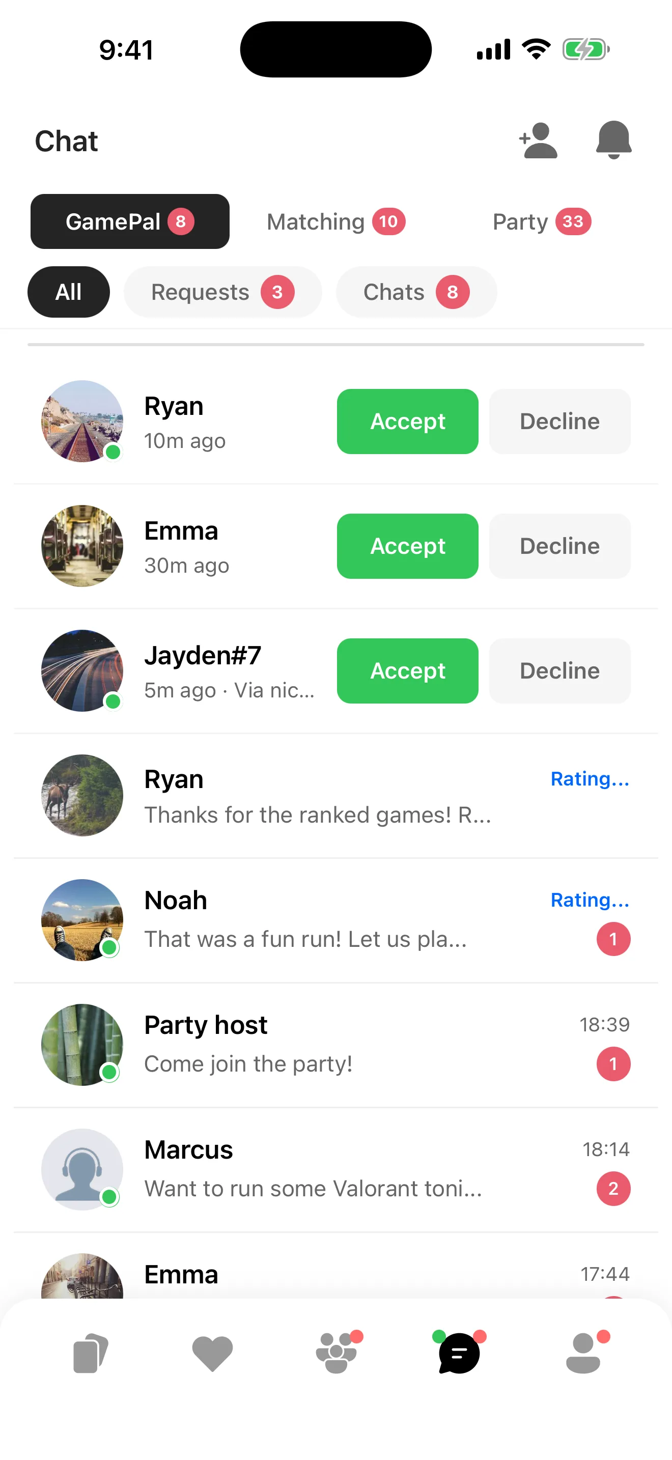 Post-party chat list with friend requests and manner scores