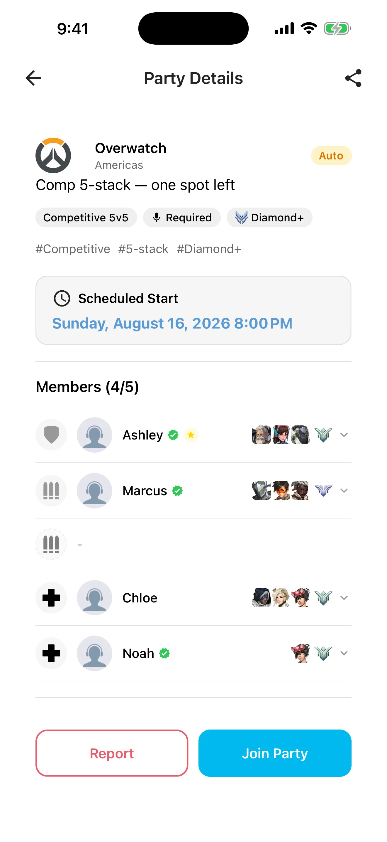 Party detail screen showing description, members, and voice requirements
