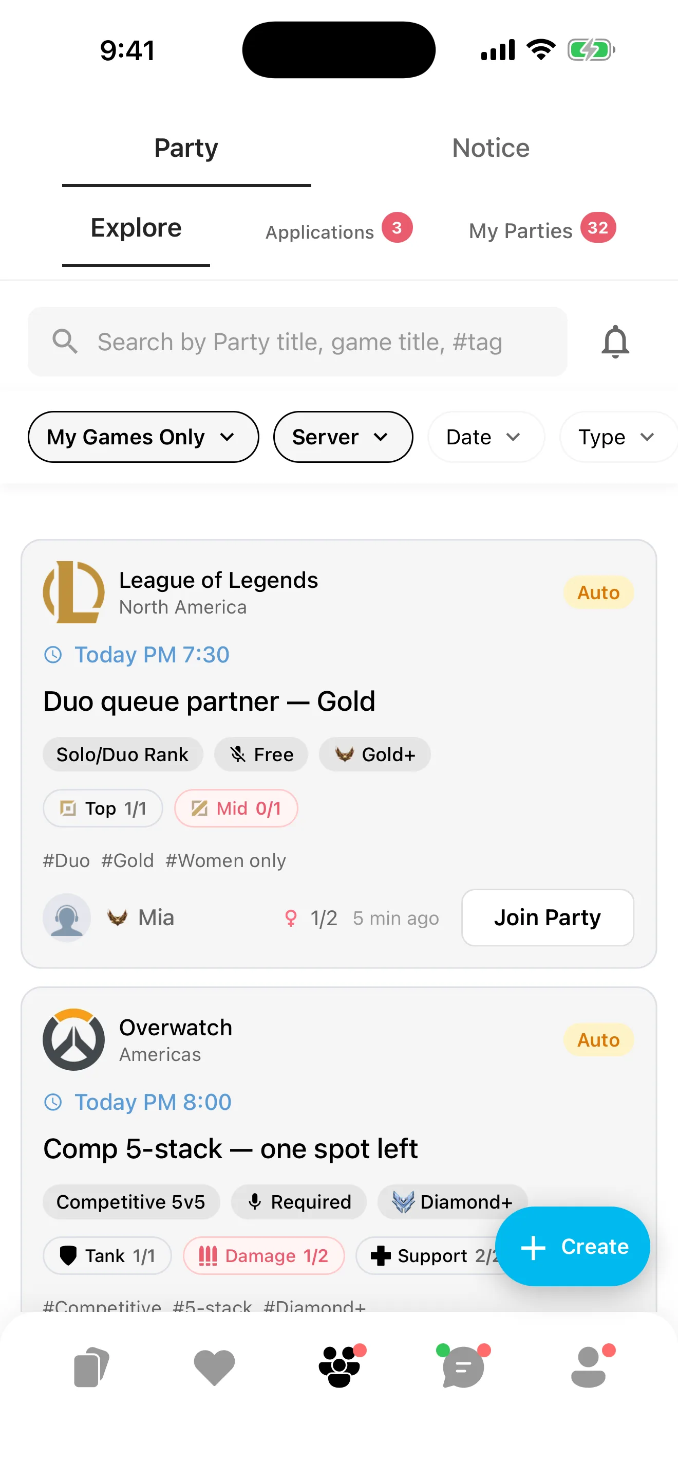 Party list screen showing game, mode and rank, time, and voice preference