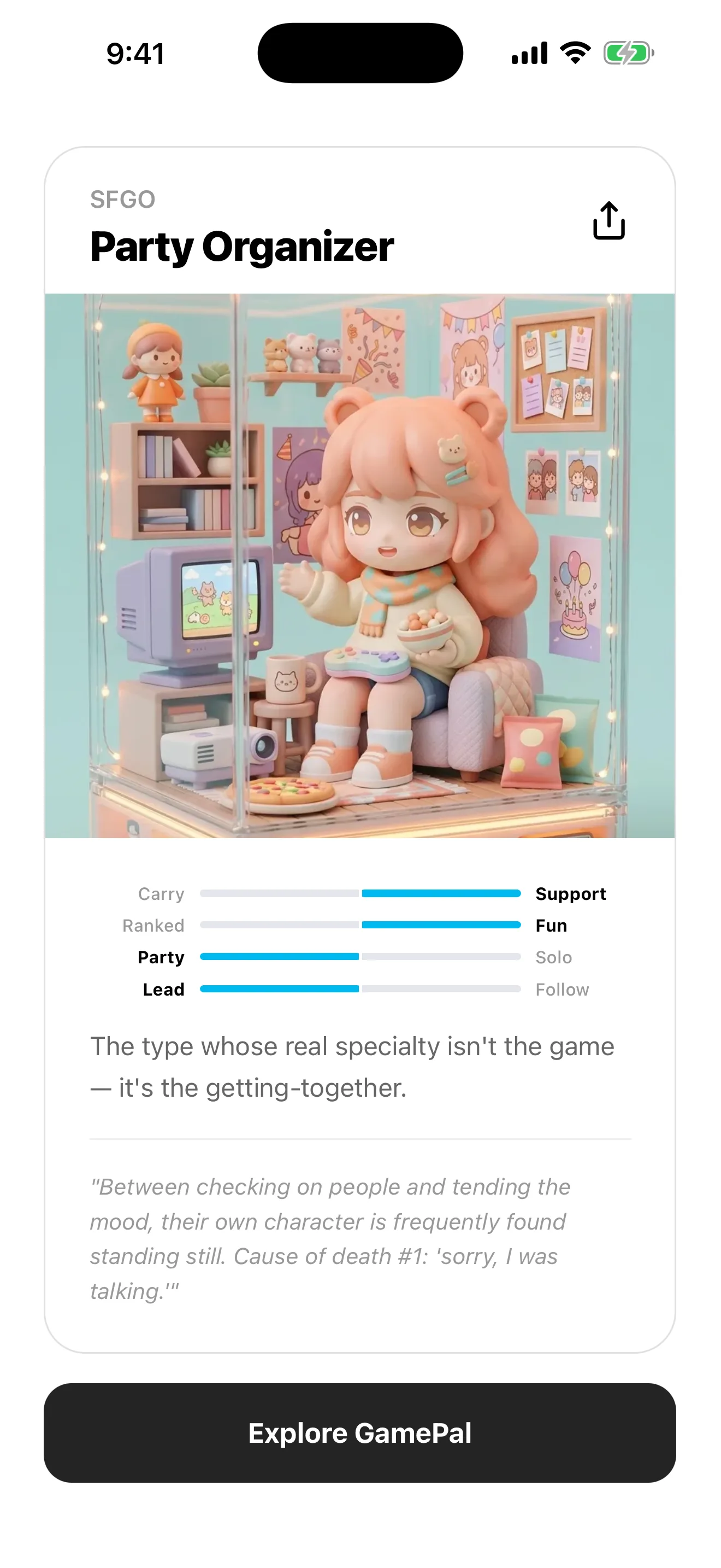 Party Organizer — GBTI result screen with the type card and four axes